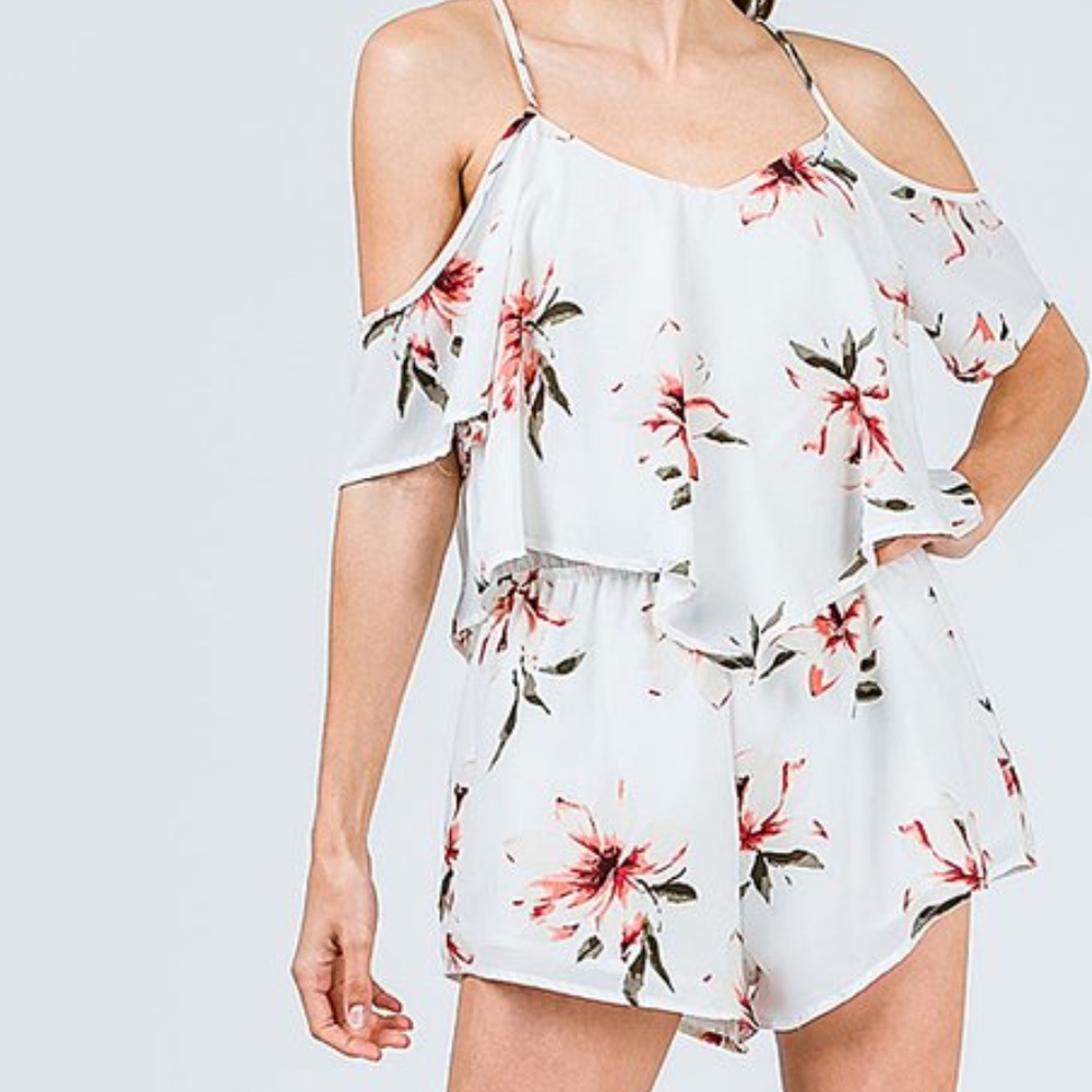 Cozy Casual off the shoulder white floral romper